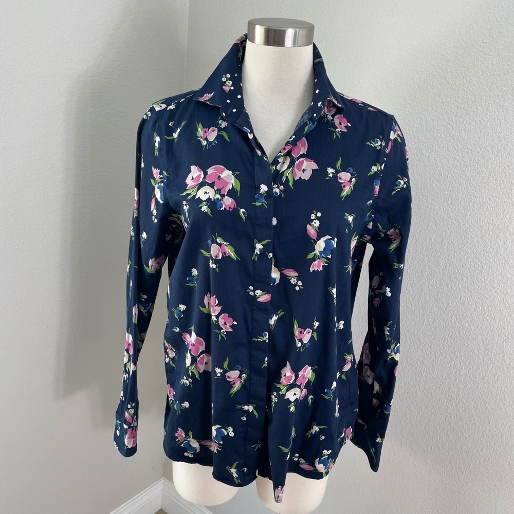 Chaps Womens Large Navy Blue Floral No Iron Button Up Shirt Long Sleeve Blouse